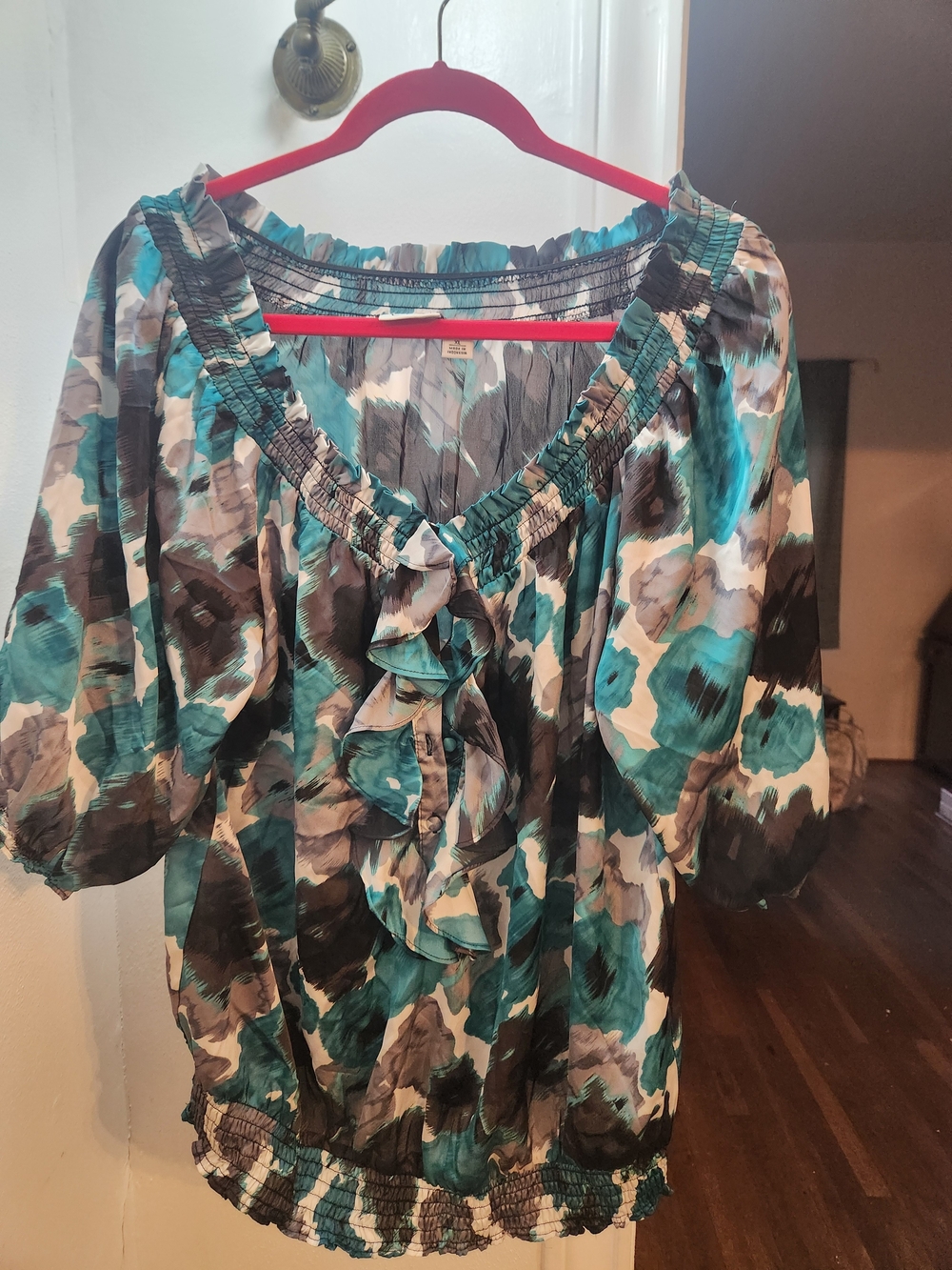 Cato Teal, Black & White Floral Ruffle Peasant Blouse